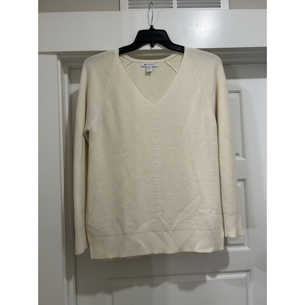 Athleta Hanover V-Neck Sweater Cream Medium Merino Wool Ribbed Coastal Neutral